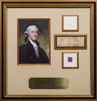George Washington Signature on Document Portion with Hair Relic and Coat Piece (3 Items) in Framed Display (PSA/DNA)